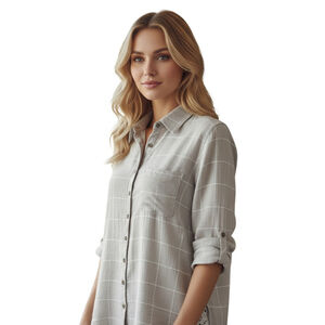 Soft Surrounding Womens Medium Tan Grid Floral Lace Boho Office Work Soft Shirt